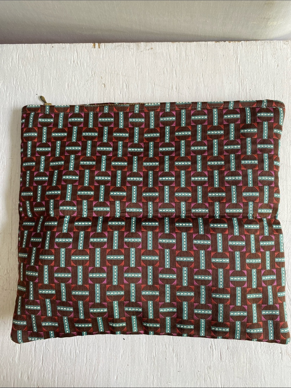 Custom Geometric Pattern Foldover Zipper Clutch in Brown, Teal & Magenta NWOT